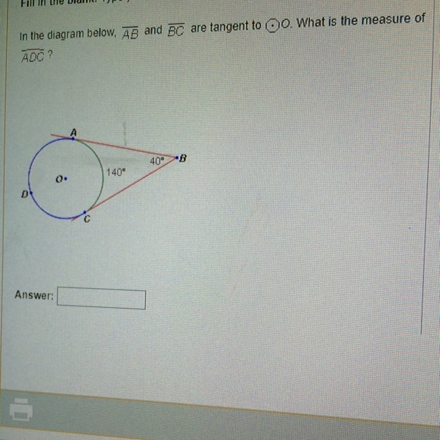 In the diagram below, an and bc are tangent to o. What is the measure of adc-example-1