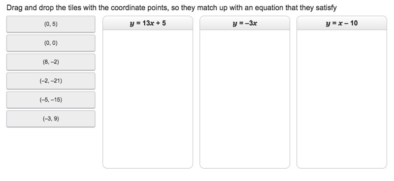 Drag and drop the tiles with the coordinate points, so they match up with an equation-example-1