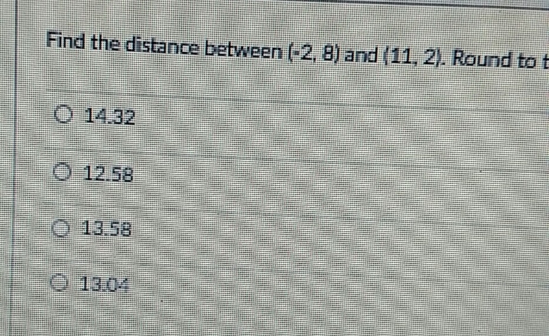 Find the distance between (-2,8) and (11,2). round to the nearest hundredth.-example-1