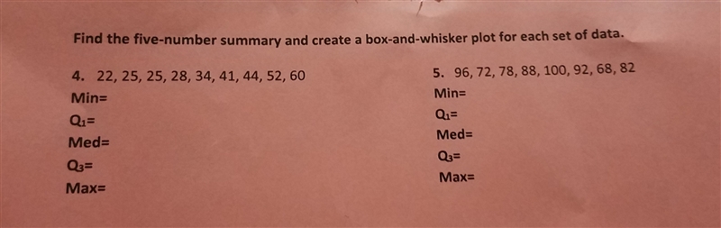 Find the five-number summary and box and whisky ploy for each set of data-example-1