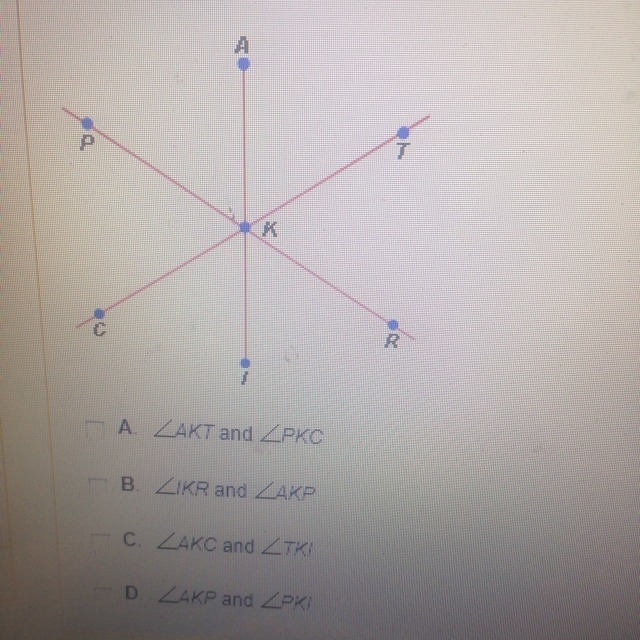 Which pairs of angles in the figure below are vertical angles?-example-1