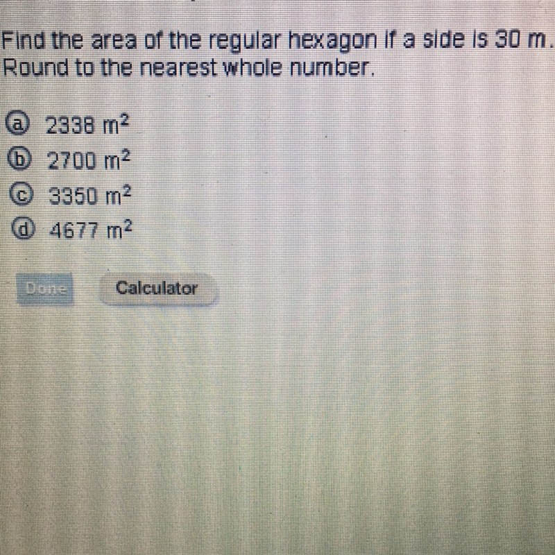 Find the area of the regular hexagon if a side is 30m.-example-1