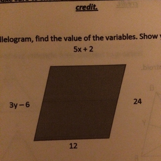 17. For the parallelogram find the value of the variables. Show your work. 18. What-example-1