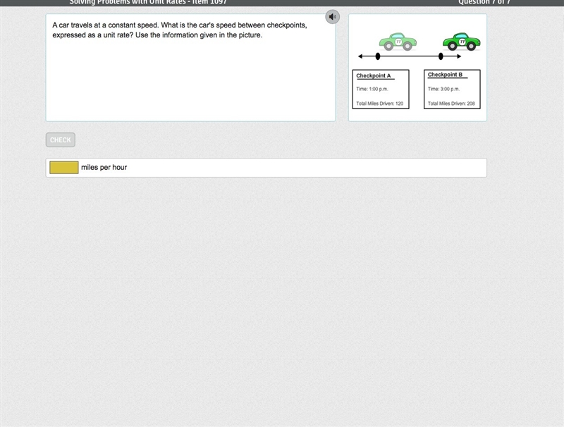 A car travels at a constant speed. What is the car's speed between checkpoints, expressed-example-1