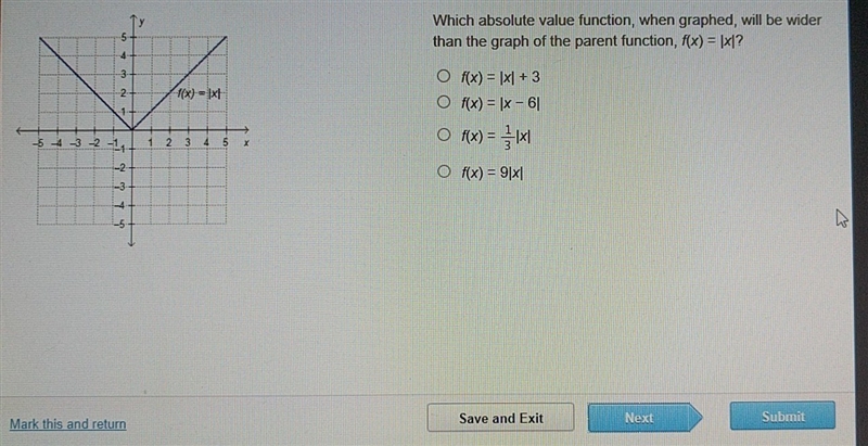 which absolute value function when graphed will be wider than the graph of the parent-example-1