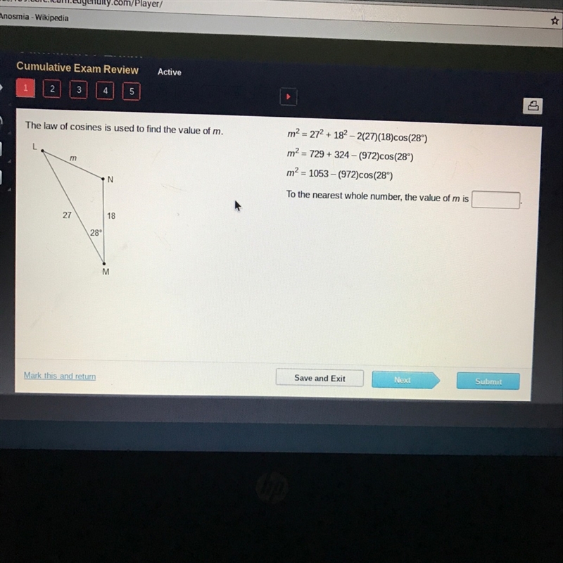 The law of cosines is used to find the value of m.-example-1