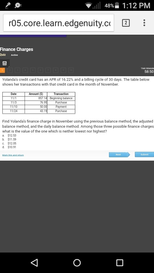 Find Yolanda’s finance charge in November using the previous balance method, the adjusted-example-1