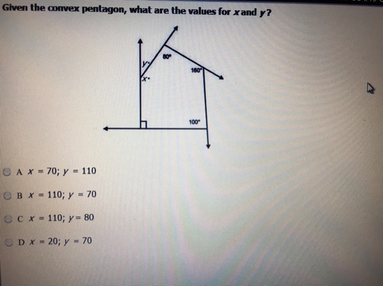 Give the convex pentagon, what are the values for x and y?-example-1