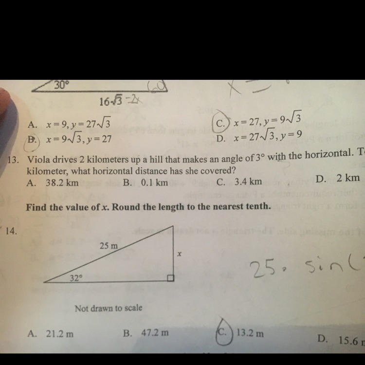 Viola drives 2 kilometers up a hill that makes an angle of 3 degrees with the horizontal-example-1