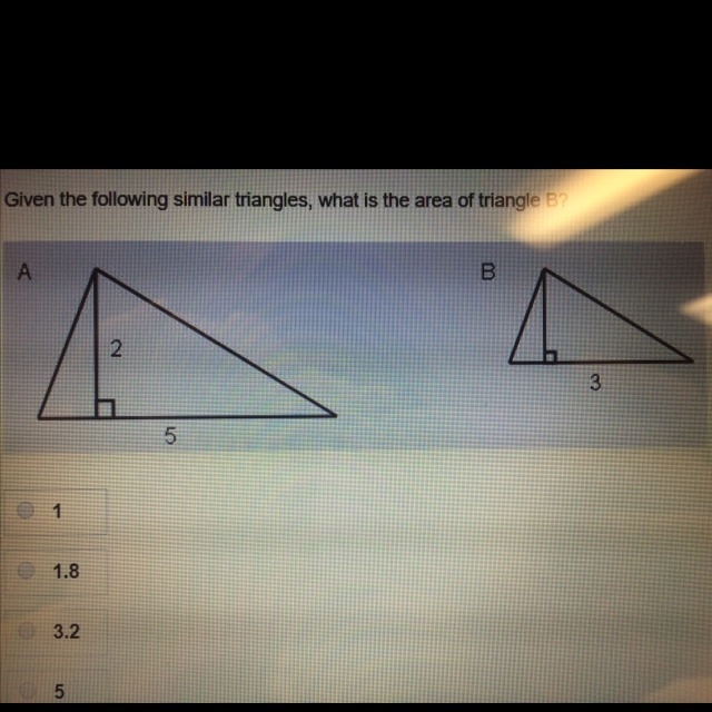 Given the following similar triangle, what is the area of triangle B?-example-1