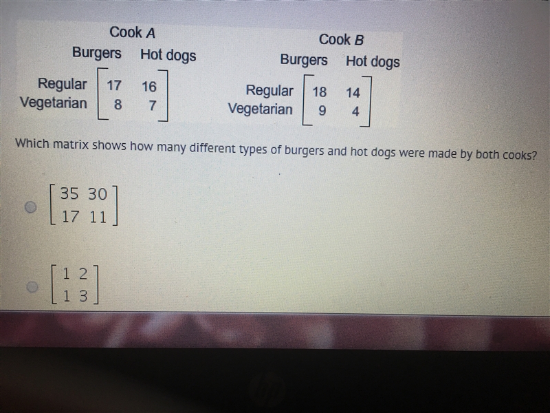 The matrices show the number of different types of burgers and hot dogs that two different-example-1