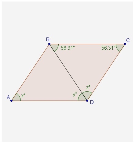 What are the respective values of x, y, and z for parallelogram ABCD? A . 56.31°, 67.38°, 67.38° B-example-1