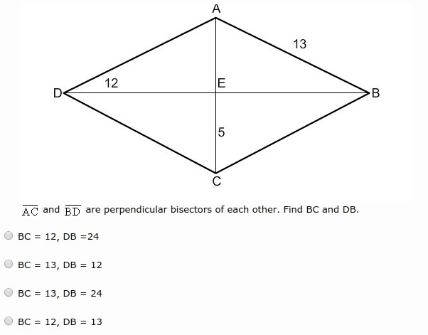 Side AC and side BD are perpendicular bisectors of each other. Find BC and DB A. BC-example-1