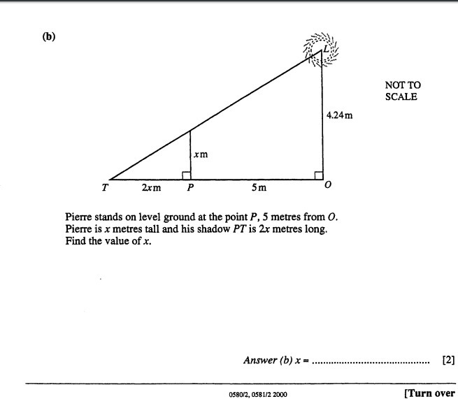 Pierre stands on level ground at the point P, 5 metres from O. Pierre is metres tall-example-1