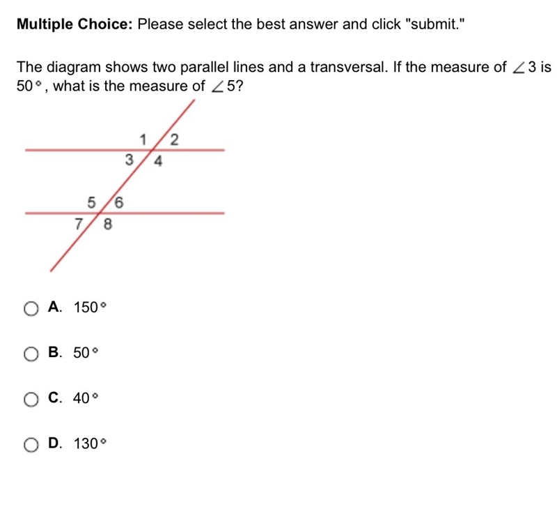 The diagram shows two parallel lines and a transversal. If the measure of 3 is 50, what-example-1