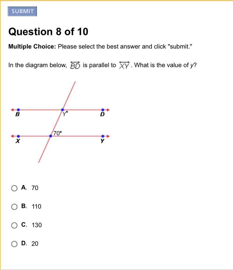 In the diagram below, BD is parallel to XY. What is the value of y?-example-1