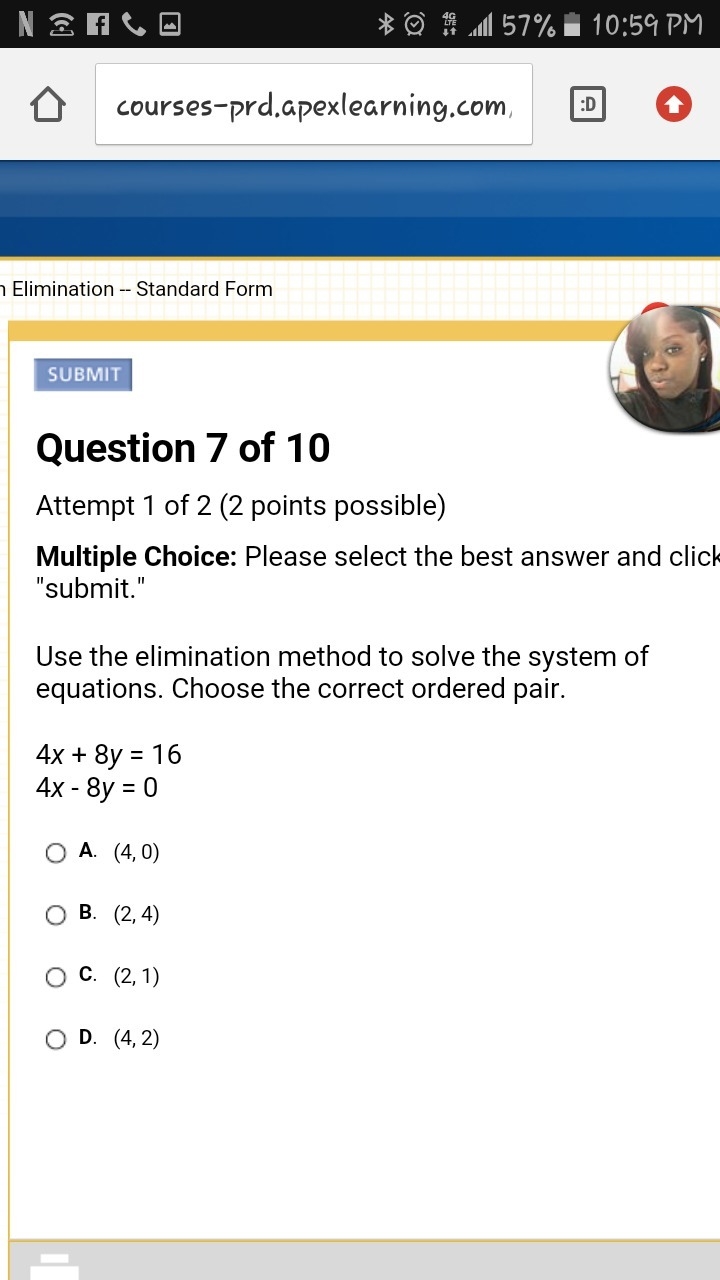 Use the elimination method to solve the system of equations. Choose the correct ordered-example-1