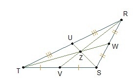 In triangle TRS, VZ = 6 inches. What is RZ? 3 inches 6 inches 12 inches 18 inches-example-1