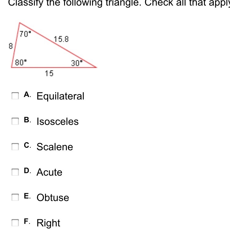 Classify the following triangle. Check all that apply.-example-1