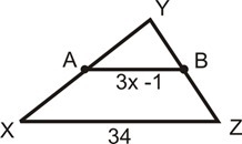 If AB is the midsegment, find the value of x. Show your work.-example-1