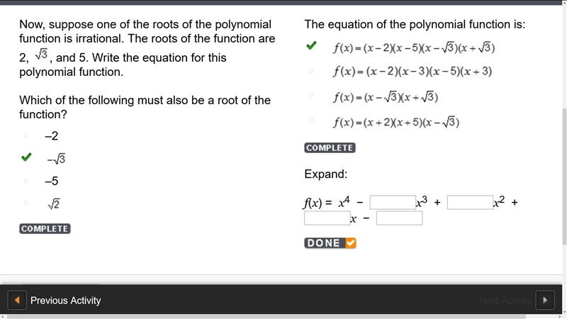 Expand: f(x) = (x-2)(x-5)(x-√3)(x+√3)-example-1