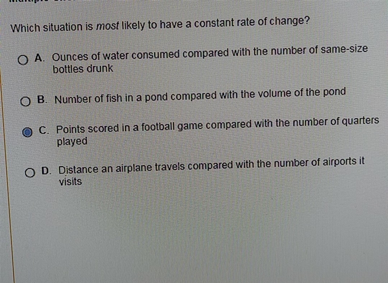 Which situation is most likely to have a constant rate of change?-example-1