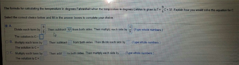 F=9/5c+32 Solve for c-example-1