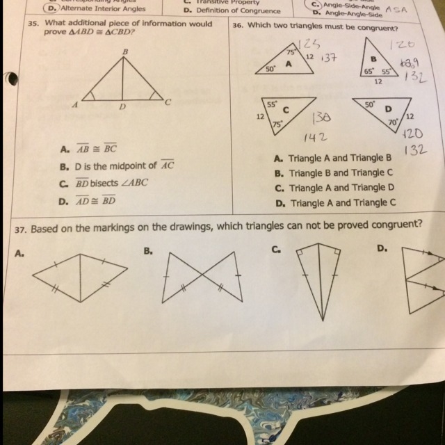 Which triangles can not be proved congruent?#37-example-1