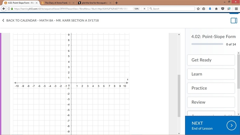 Plot the line for the equation on the graph. y−5=3/2(x−2)-example-1