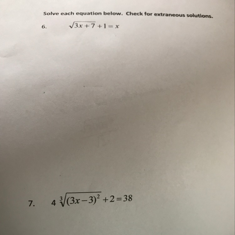 solve each equation below. check for extraneous solutions. please help and show work-example-1