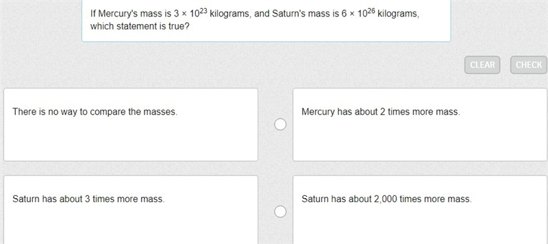 If Mercury's mass is 3 × 10^23 kilograms, and Saturn's mass is 6 × 10^26 kilograms-example-1