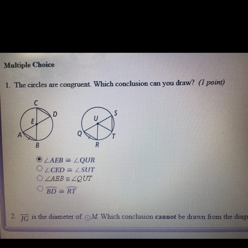 The circles are congruent. Which conclusion can you draw? -picture attached--example-1