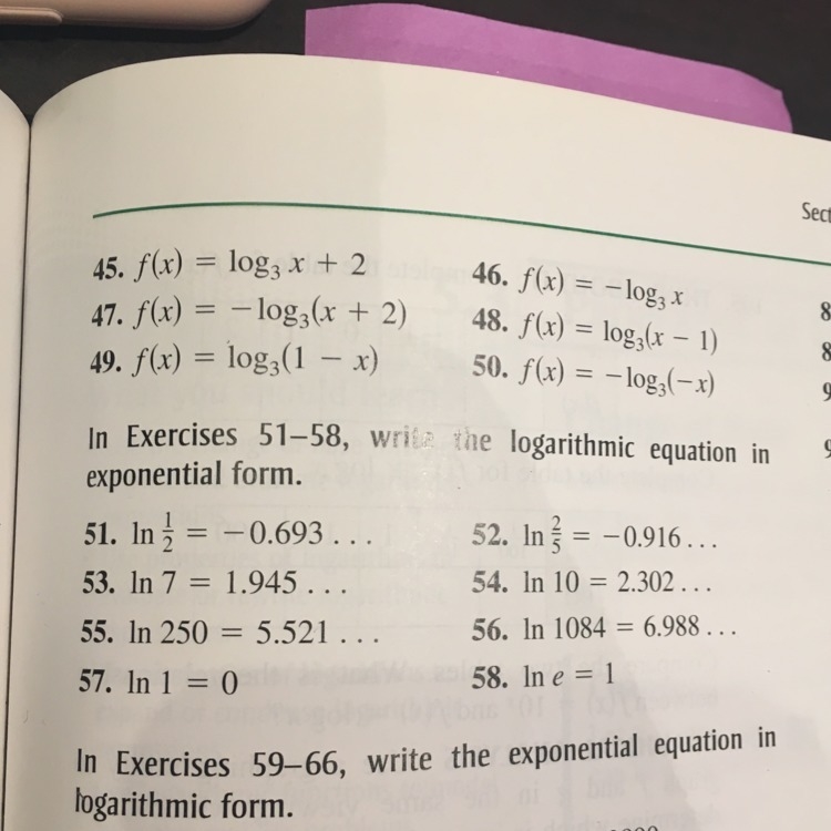 How do you write the logarithmic equation in exponential form when you use ln?-example-1