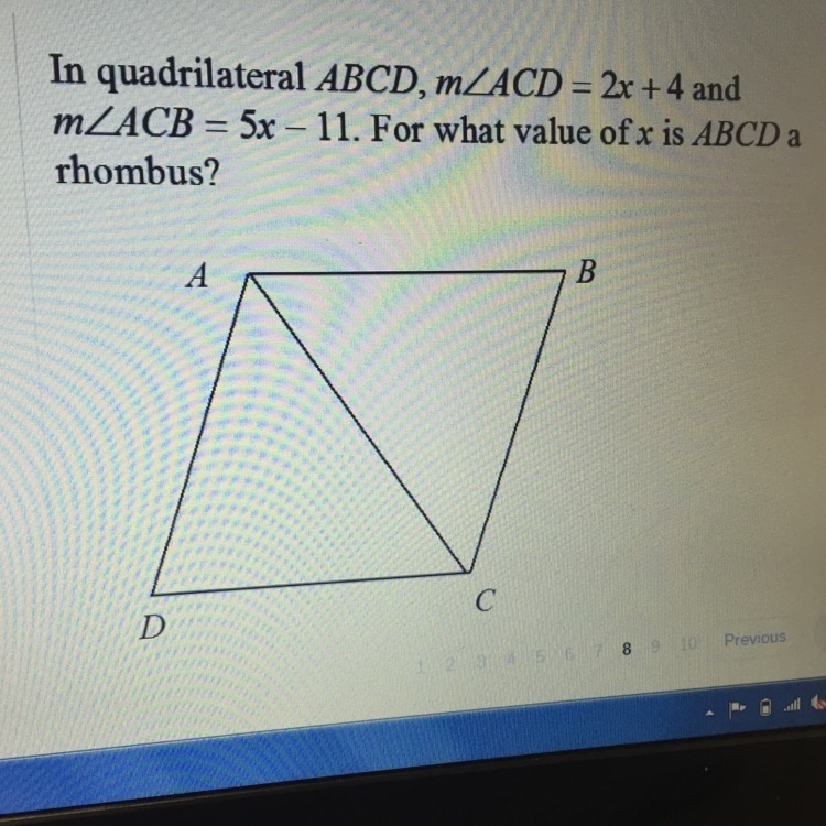 For what value of x is ABCD a rhombus?-example-1