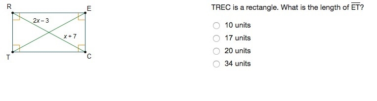 TREC is a rectangle. What is the length of ET?-example-1