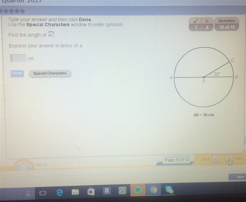 29 points!!!Find the length of ac Ab=36 cm express your answer in pi-example-1