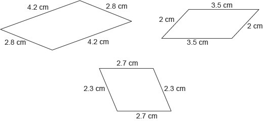 Adam draws three parallelograms. He measures the sides of each figure, as shown. What-example-1