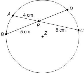 Chord AC intersects chord BD at point P in circle Z. AP=4 cm BP=5 cm PC=8 cm What-example-1