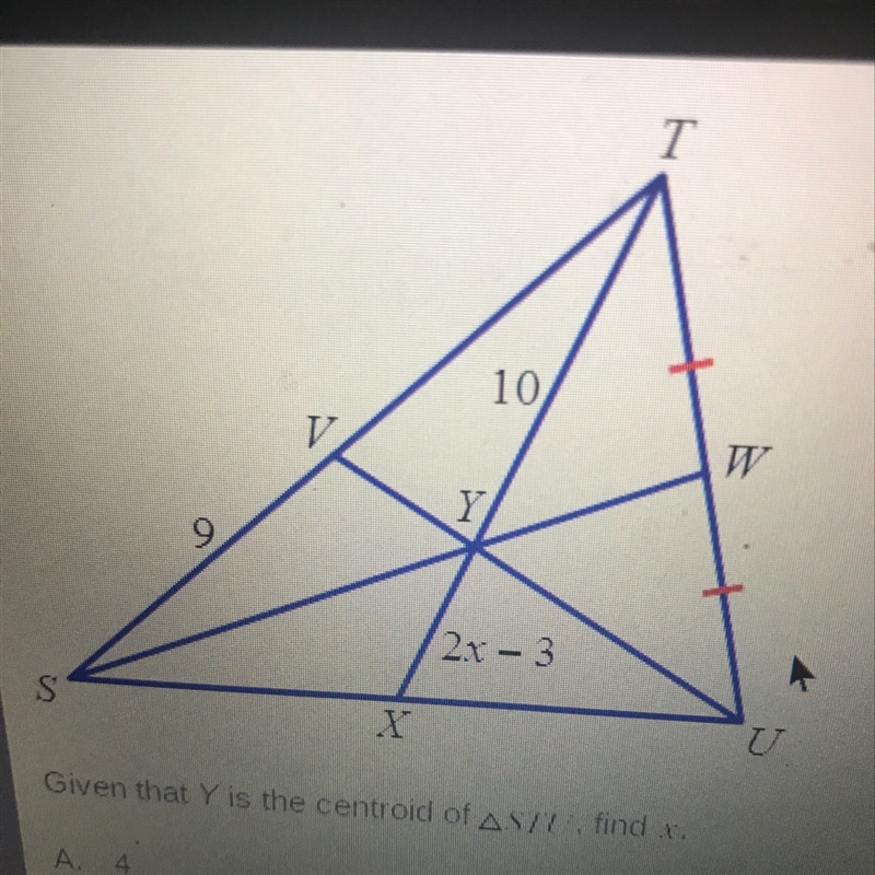 Given that Y is the centroid of STU, find x-example-1