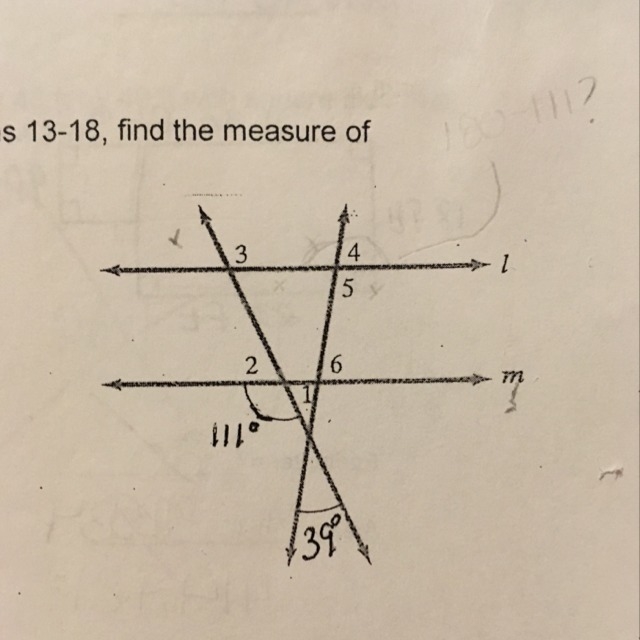 In the figure shown line l and m are parallel. Find the measure of each numbered angles-example-1