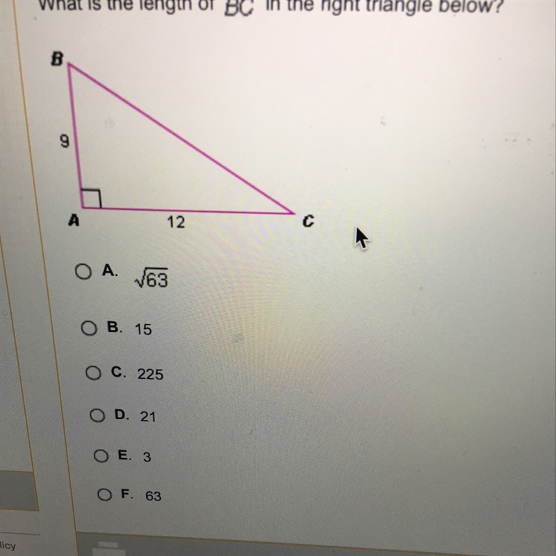 What is the length of BC in the right triangle below? Choices in pic.-example-1