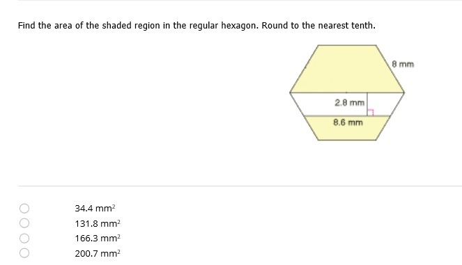 Find the area of the shaded region round to the nearest tenth . I don't know if it-example-1