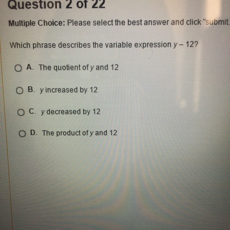 Which phrase describe the variable expression y-12?-example-1