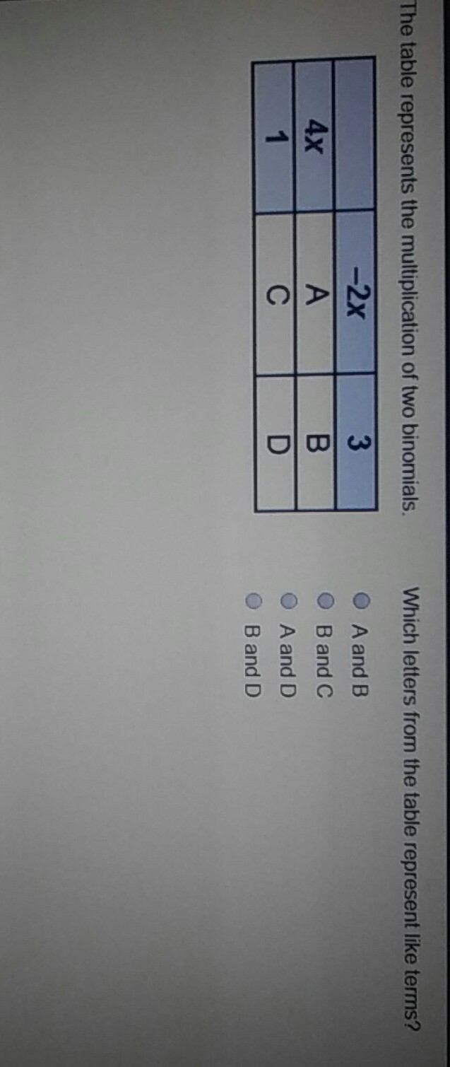 Which letters from the table represents like terms-example-1