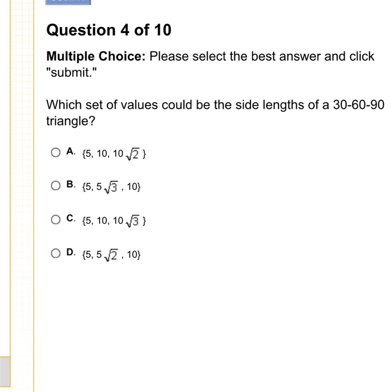 Which set of values could be the side lengths of a 30-60-90 triangle?-example-1