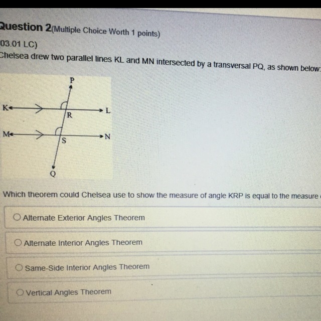 Which theorem could Chelsea use to show the measure of angle KPR is equal to the measure-example-1