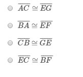 Given △ABC≅△EFG, which congruency statement is true?-example-1