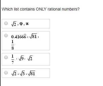 Which list contains ONLY rational numbers?-example-1