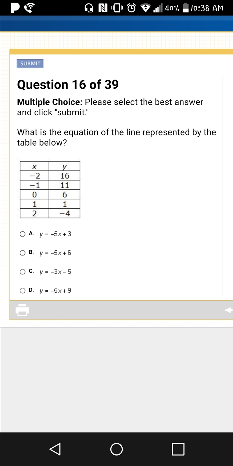 What is the equation of the line represented by the table below?-example-1