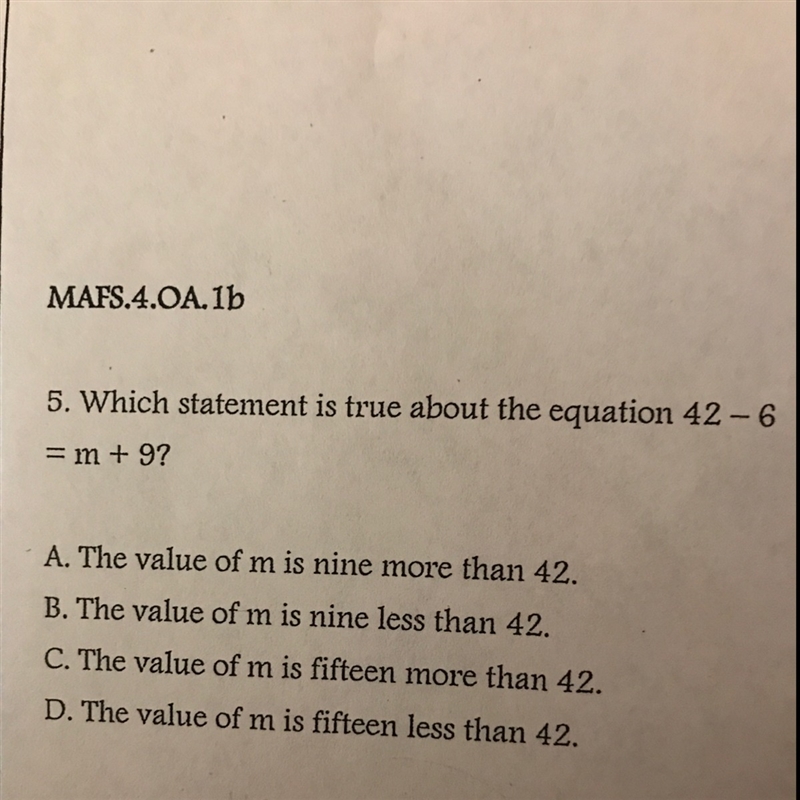 Which statement is true about the equation 42-6 = m + 9?-example-1